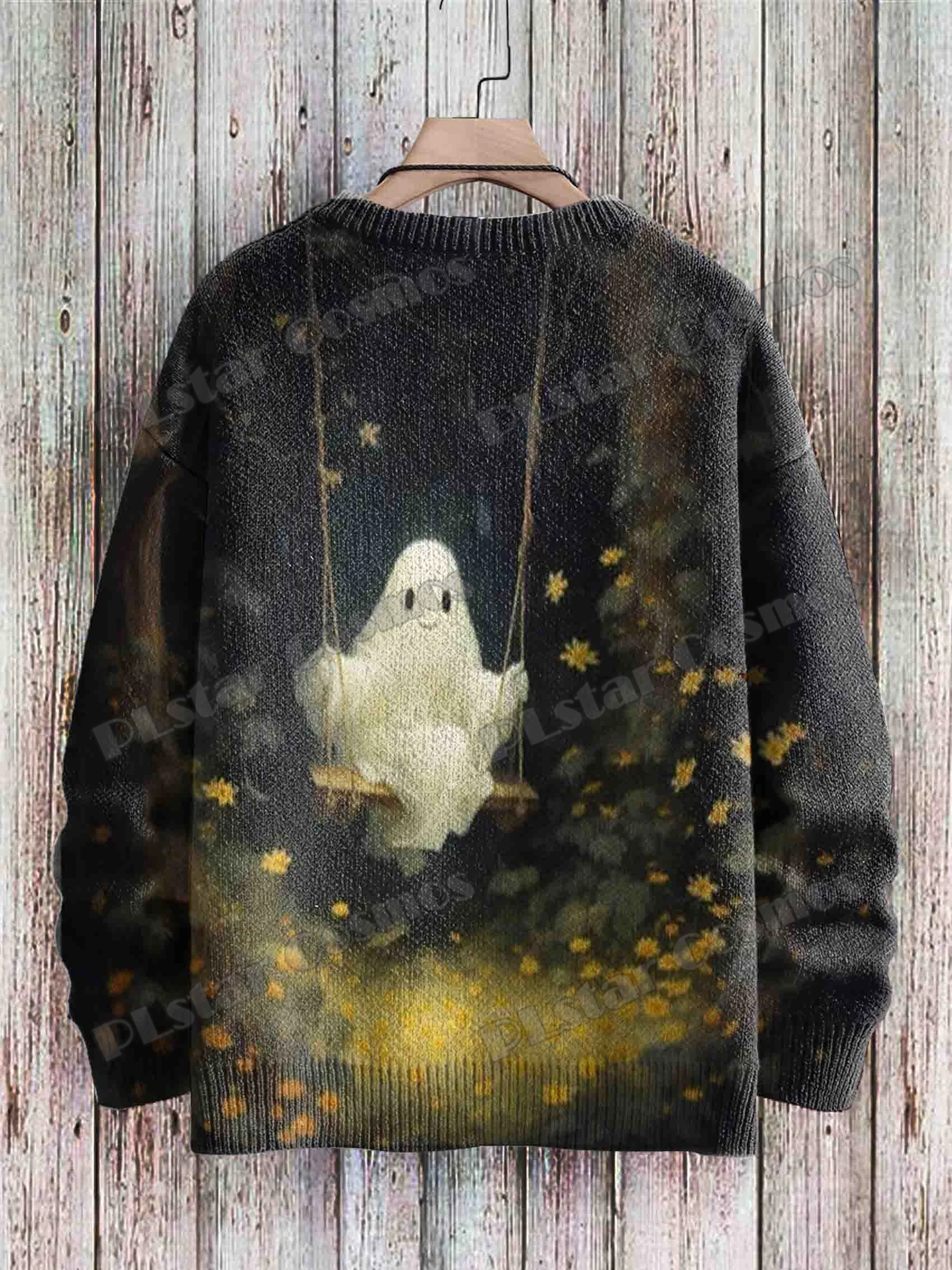 Cute Cat & Halloween Ghost Swing Retro Art Pattern 3D Printed Men's Knitted Pullover Winter Casual Knit Pullover Sweater ZZM73