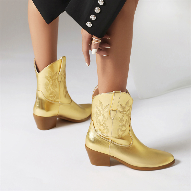 Luxury Gold Silver Ankle Boots Shoes For Women 2023 Trends Autumn Winter White Pink Cowboy Boots Party Shoes Ladies Large Size