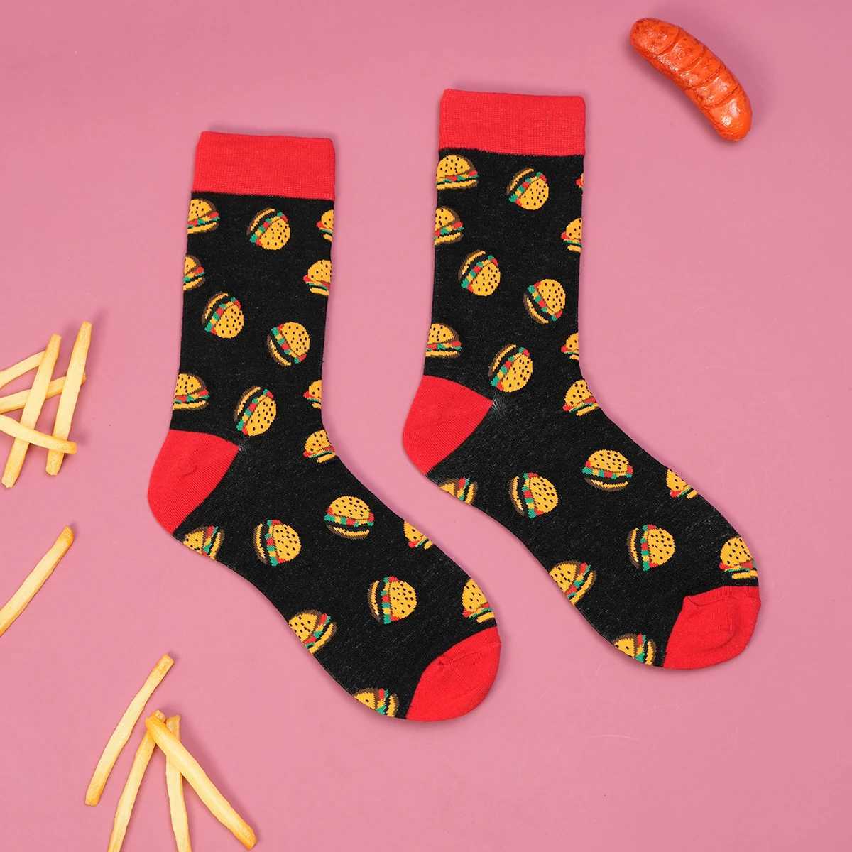 1 Pair Hamburger Printed Novelty Breathable Mid Tube Mens and Womens Suit In All Seasons For Daily LX241102
