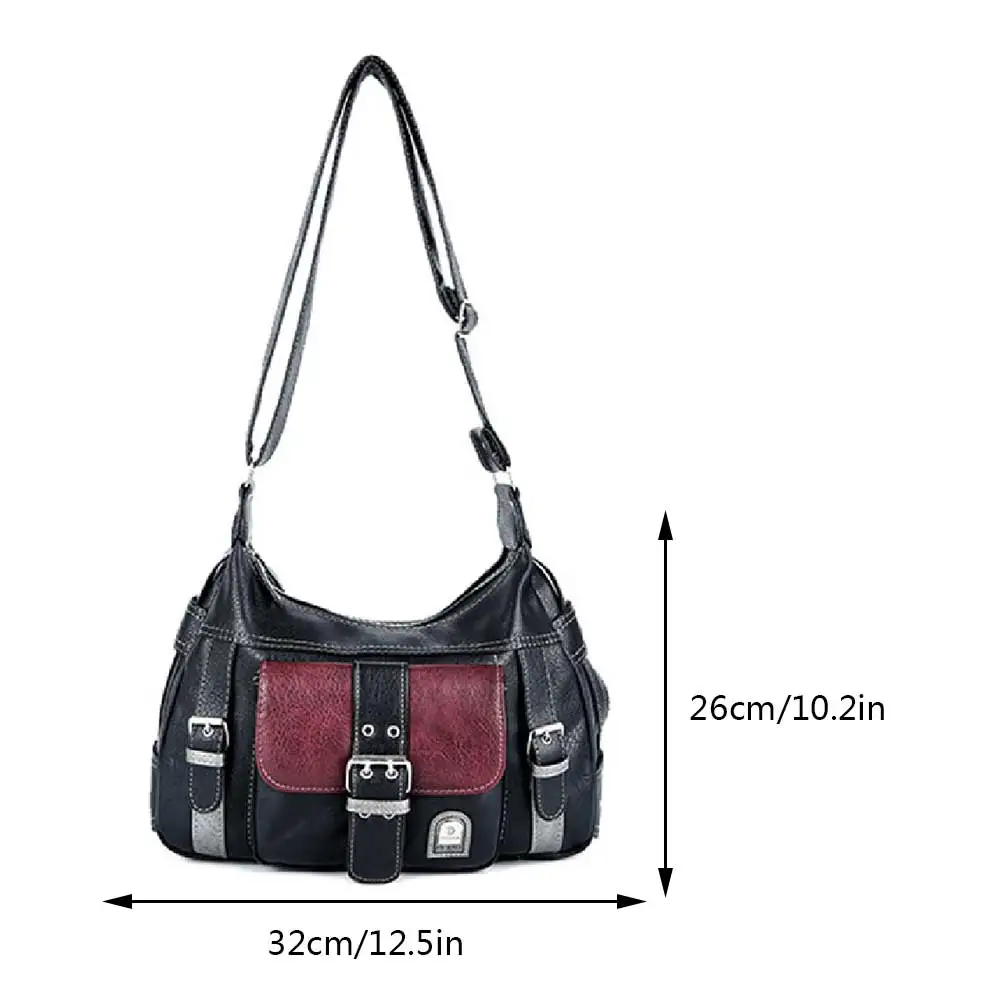 Women Vintage Messenger Bag Y2K PU Leather Contrast Color Shoulder Bag Multi-Pocket Versatile Satchel Girl Quality Crossbody Bag
