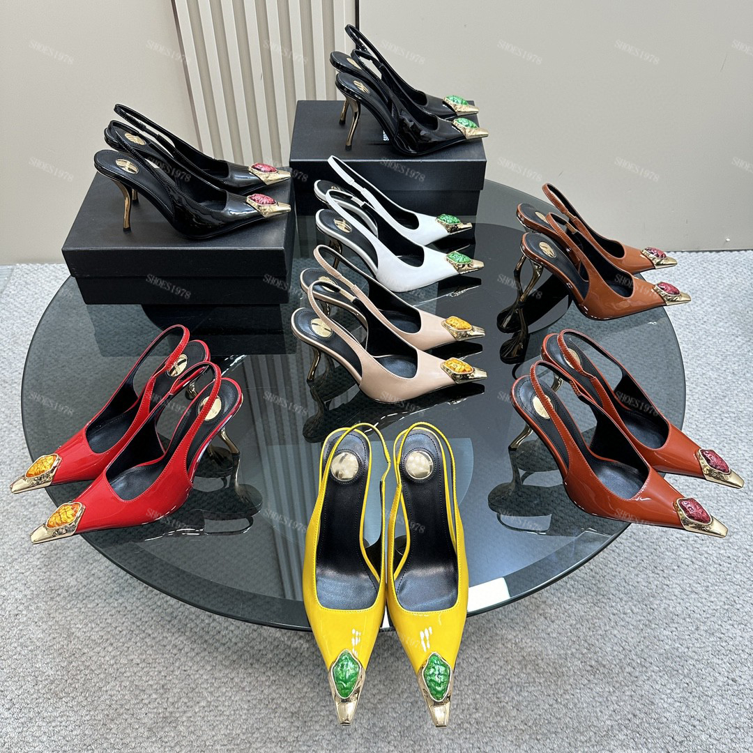 Designer Shoes for Womens Sandals Fashion crystal gemstone slingbacks 10.5CM High Heel Patent Leather Metal headed Pumps 35-42 Stiletto Heel Dress Shoe