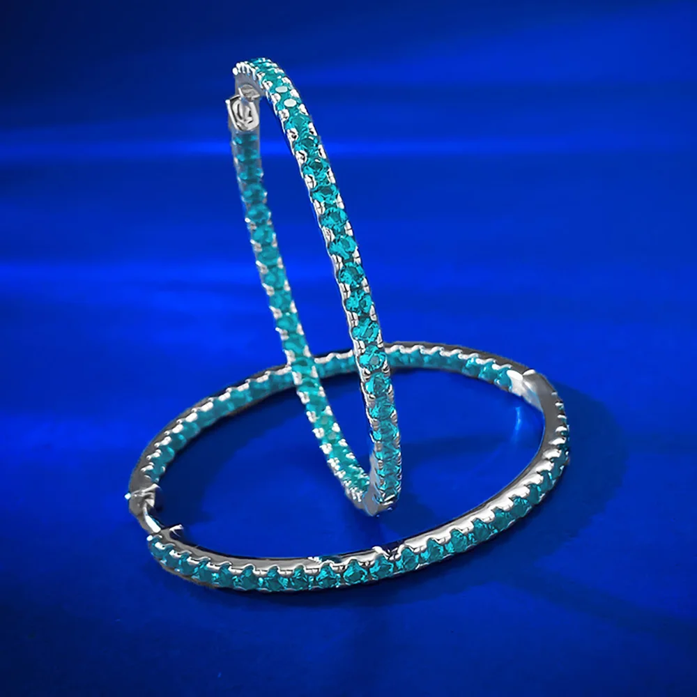Luxury 100% 925 Solid Silver Blue-Green Tourmaline Hoop Earrings for Women Retro Gemstone Wedding Party Fine Jewelry Lady Gift
