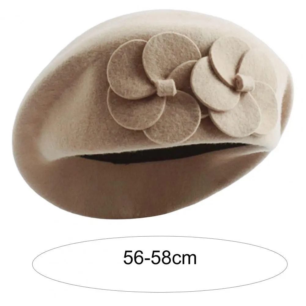 Good-looking Women Hat Felt Beret Hat Dual Flowers Decor Cold Resistant Windproof Winter Female French Beanie Cap