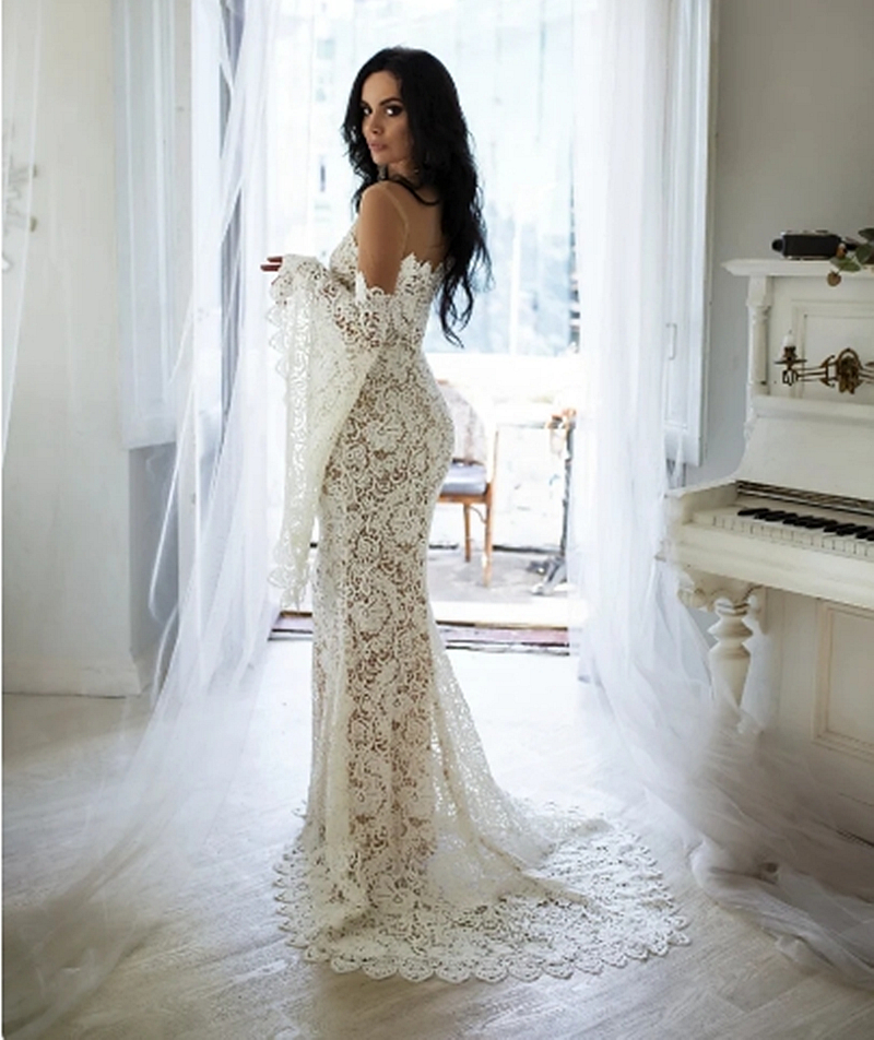 Full Lace Mermaid Wedding Dresses With Flare Sleeves Long Boho Beach Bridal Gowns Illusion Jewel Neck Chic Vestido De Novia
