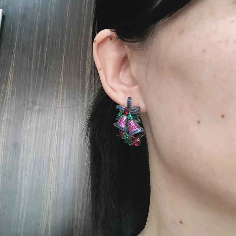 Bilincolor Red and Green Cubic Zirconia Fashion Bell Womens Christmas Earrings 241031