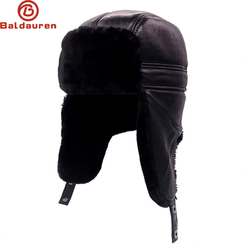 Russian Adult Hat Mens 100% Natural Sheepskin Bomber Hat Mens Casual Winter Warm Sheepskin Hat 241031