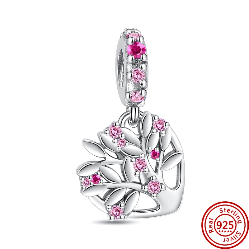 New Pink Love Mom Flowers Heart Shiny Beads 925 Silver Charm Fit Pandora 925 Original Bracelet &Necklace Fine DIY Making Jewelry