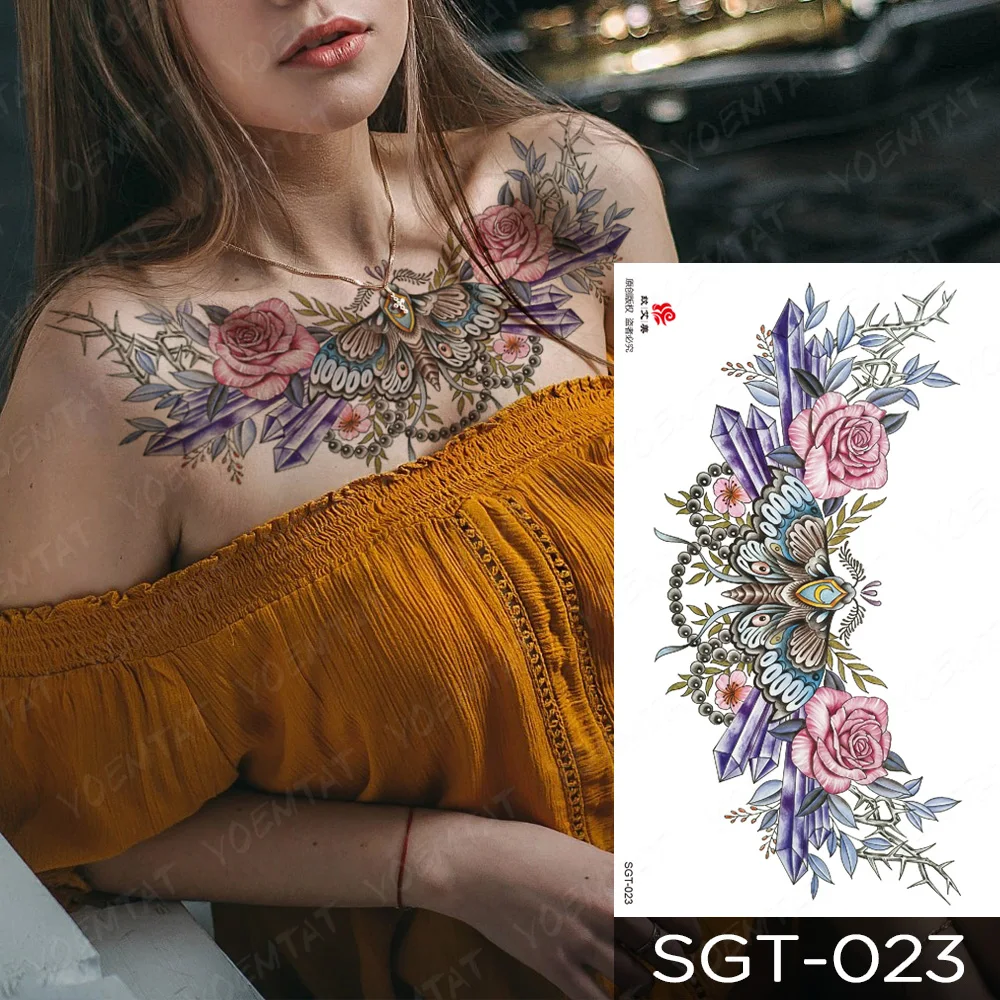 Chest Tattoo Stickers Mandala Color Gemstone Flower Waterproof Temporary Fake Tato Large Waist Shoulder Sexy Body Art Men Women
