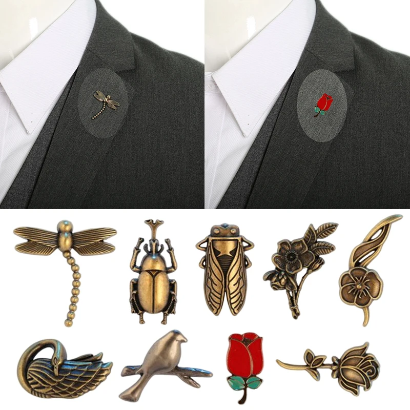 Vintage Bronze Alloy Brooch for Men Flower Bird Bee Insect Animal Brooch Shirt Collar Pin Brooches Jewelry Clothing Decoration