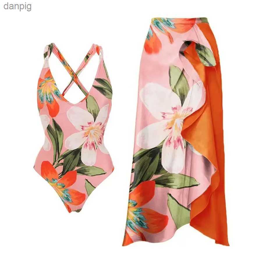 Women's Swimwear Print One-piece Swimsuit Women Lace-up One-piece Swimwear Beachwear Bikini Skirt Bandage Swimwear Brazilian Biquini Bathing Suit