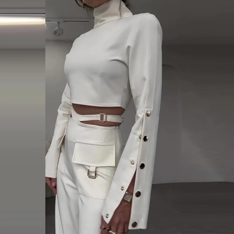 Womens pants set solid two-piece turtle neck full sleeved top sexy wide leg pants loose casual patchwork 241031
