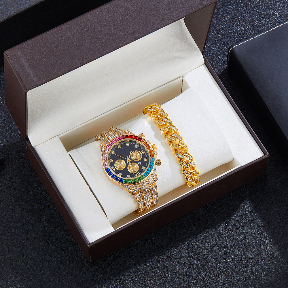 Rock Style 14K Golden Plated Men's Watch Set Colorful Baguette CZ Dial with Iced out Cuban Chain Bracelet Set with gift box