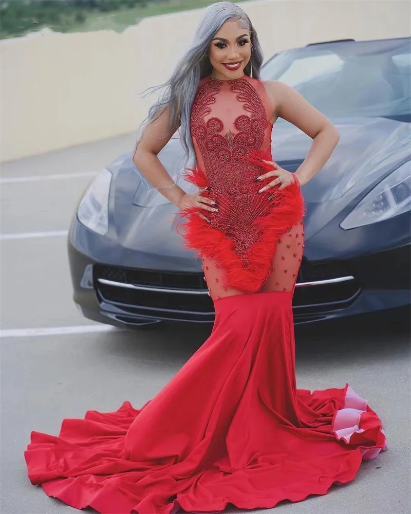 Elegant Red Dimonds Prom Dresses Mermaid Sparkly Rhinestones Crystals Feathers Gown For Black Birthday Party Gowns