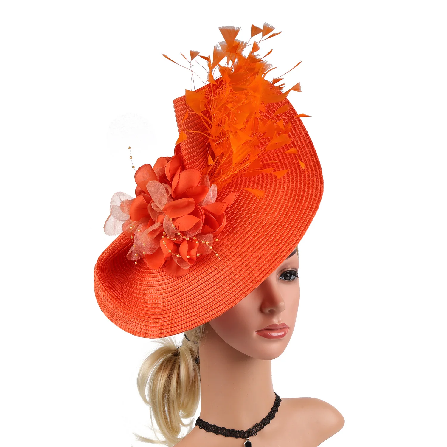 Elegant Flowers Exaggerated Tea Party Kentucky Derby Straw Hat With FeatherFascinator Big Pillbox Hat Headband for Cocktail