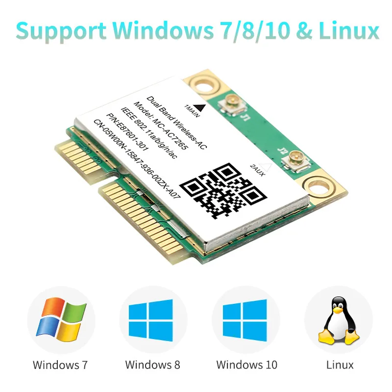 Wifi Network Card 1200Mbps Bluetooth 4.2 Mini PCI-E MC-AC7265 Wifi 5 802.11ac 2.4G 5Ghz With Cable Fast Network Card MPE-3165AC