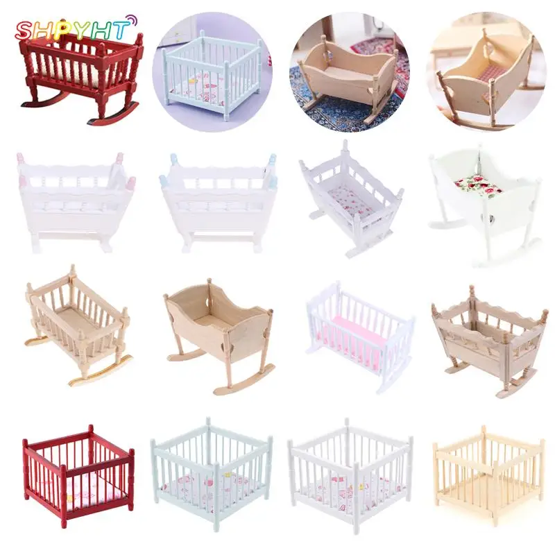 Dollhouse Miniature Wooden Nursery Cradle Baby Crib Cot Furniture Decorate Kids Doll House Accessory 5
