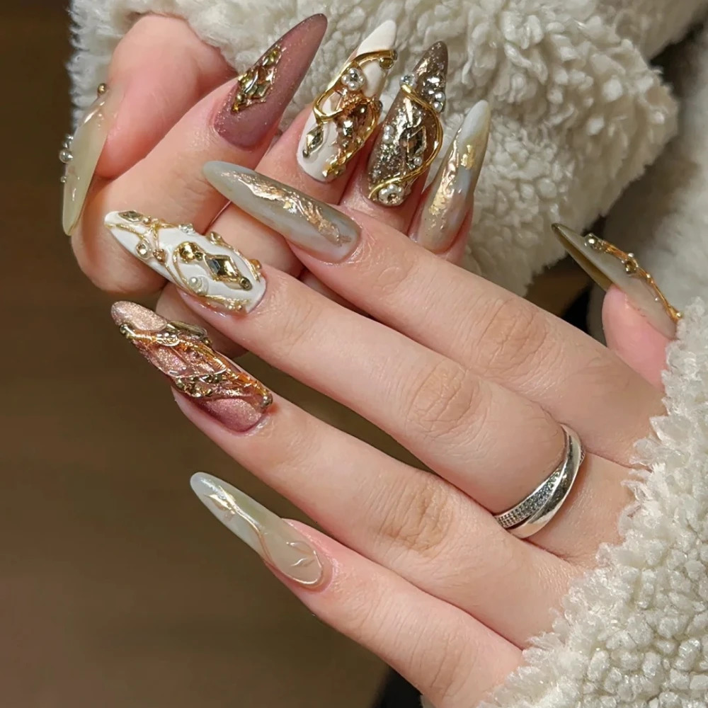 10 handmade pressed nails handmade long almond fake nails limited edition 3D nail n for Christmas and Year with set 241031