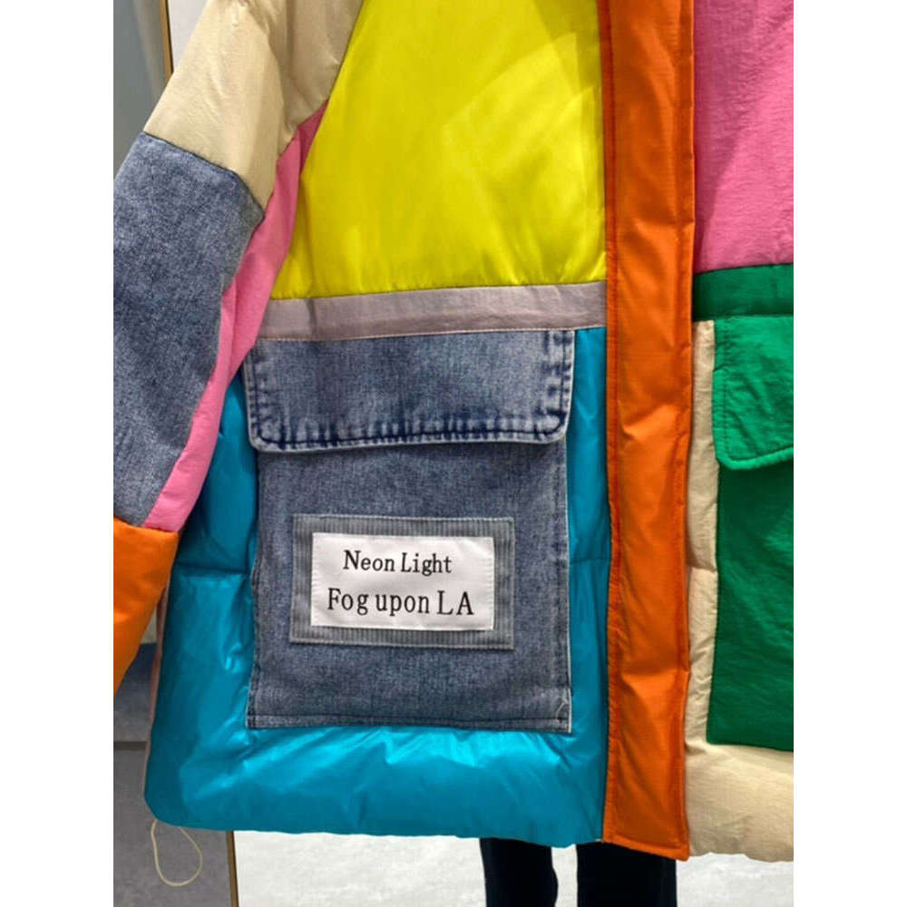 Oversize Denim Spliced Down Jacket Women Large Pockets Winter Coat Zipper Patchwork Puffer Jacket High Quality Windproof Thicken 513