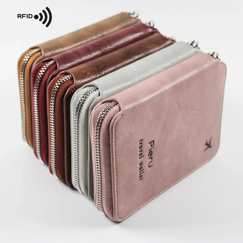 Multifunctional Rfid Anti-Theft Brush Passport Holder Document Bag Travel Wallet Zipper Storage Bag Leather Case Passport Holder