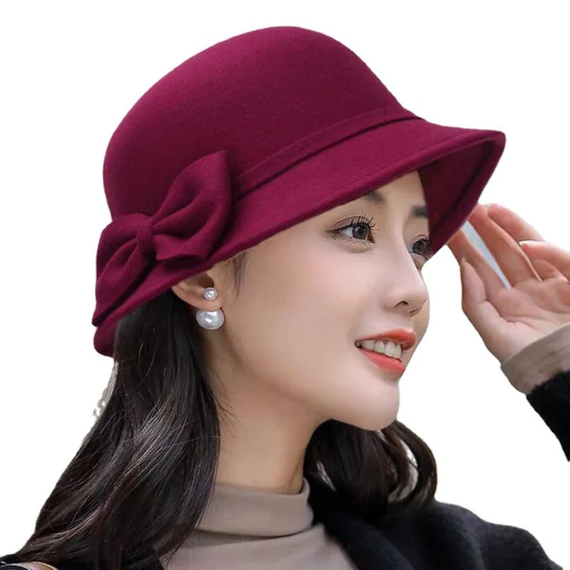 Vintage Women Bucket Cap Solid Bow Woolen Felt Fedoras Hat Female Winter Autumn Ladies Dome Felt Wedding Church Jazz Caps Bowler