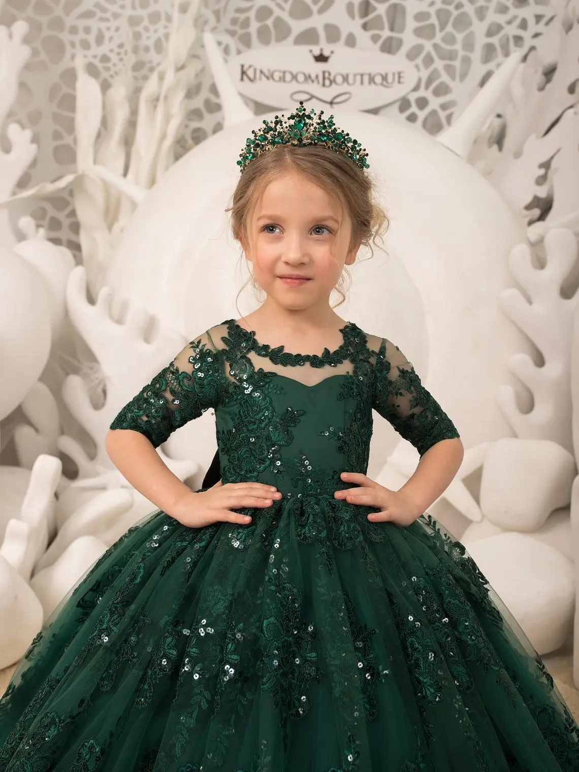 Emerald Green Lace Tulle Half Sleeve Flower Girl Dresses Appliues Back Big Bow Sequined Bown Gown Kids Party Dress