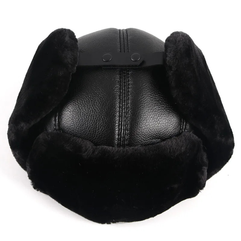 Earflap hat winter hat men autumn black Pu leather hat warm Wusanka Russian faux fur bomber pilot trap hat men 241031