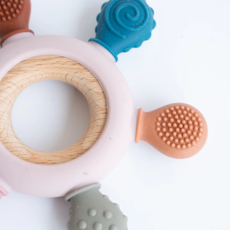 1pc Food Grade Baby Silicone Teether Rudder Shape Wooden Ring Teething Toys BPA Free Infant Chewing Nursing Toy Newborn Gifts