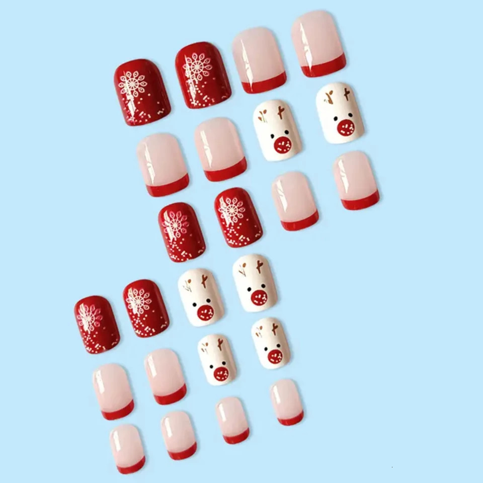 Christmas gel nail set with 24 cute snow deer false nails 241031