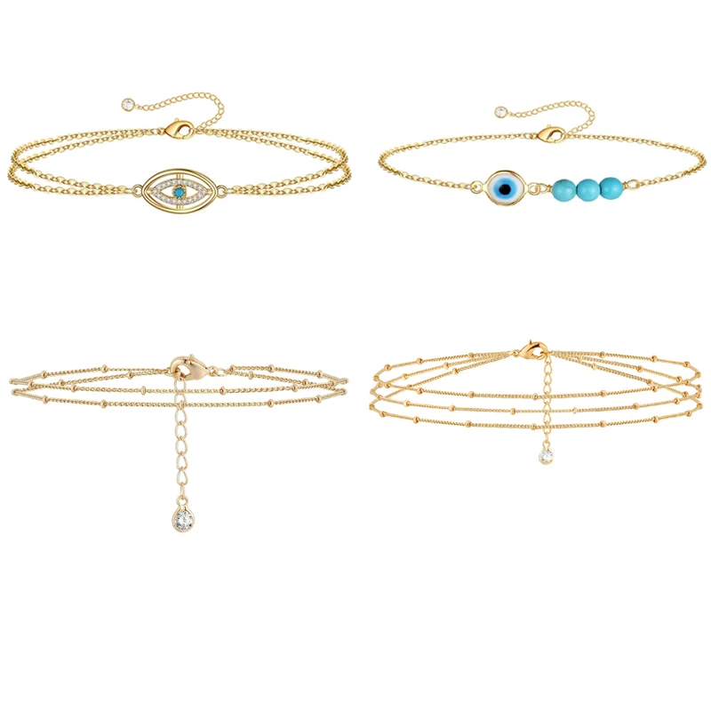 Dainty Gold Bracelet for Women 14K Gold Plated Evil Eye Turquoises Charm Bracelet Satellite Chain Jewelry Cute for Girls Women