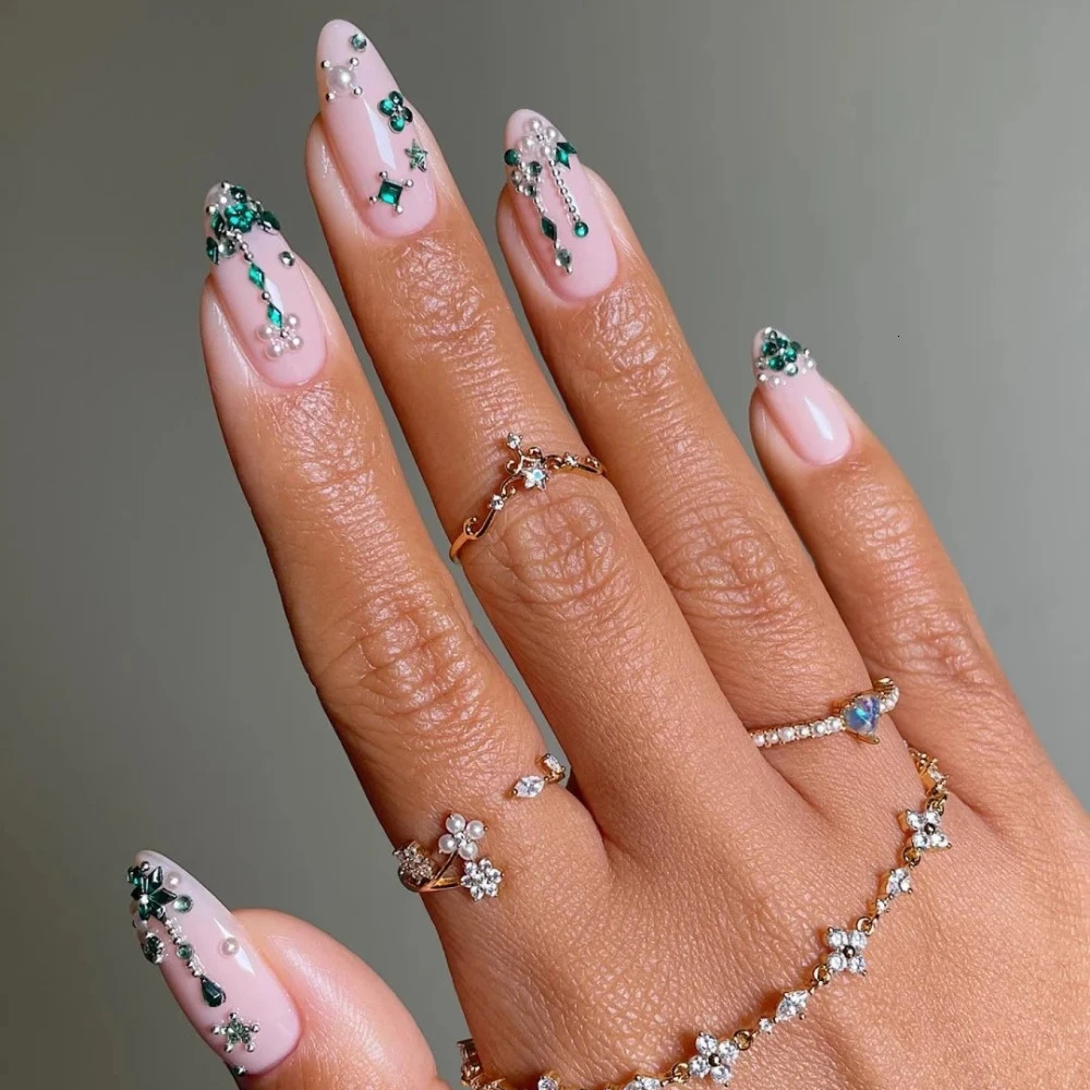 10 pieces of Christmas Nail Ballet Style Handmade Green Diamond 3D Almond Fake Nail n Art DIY Nail Pressing on Nails 241031