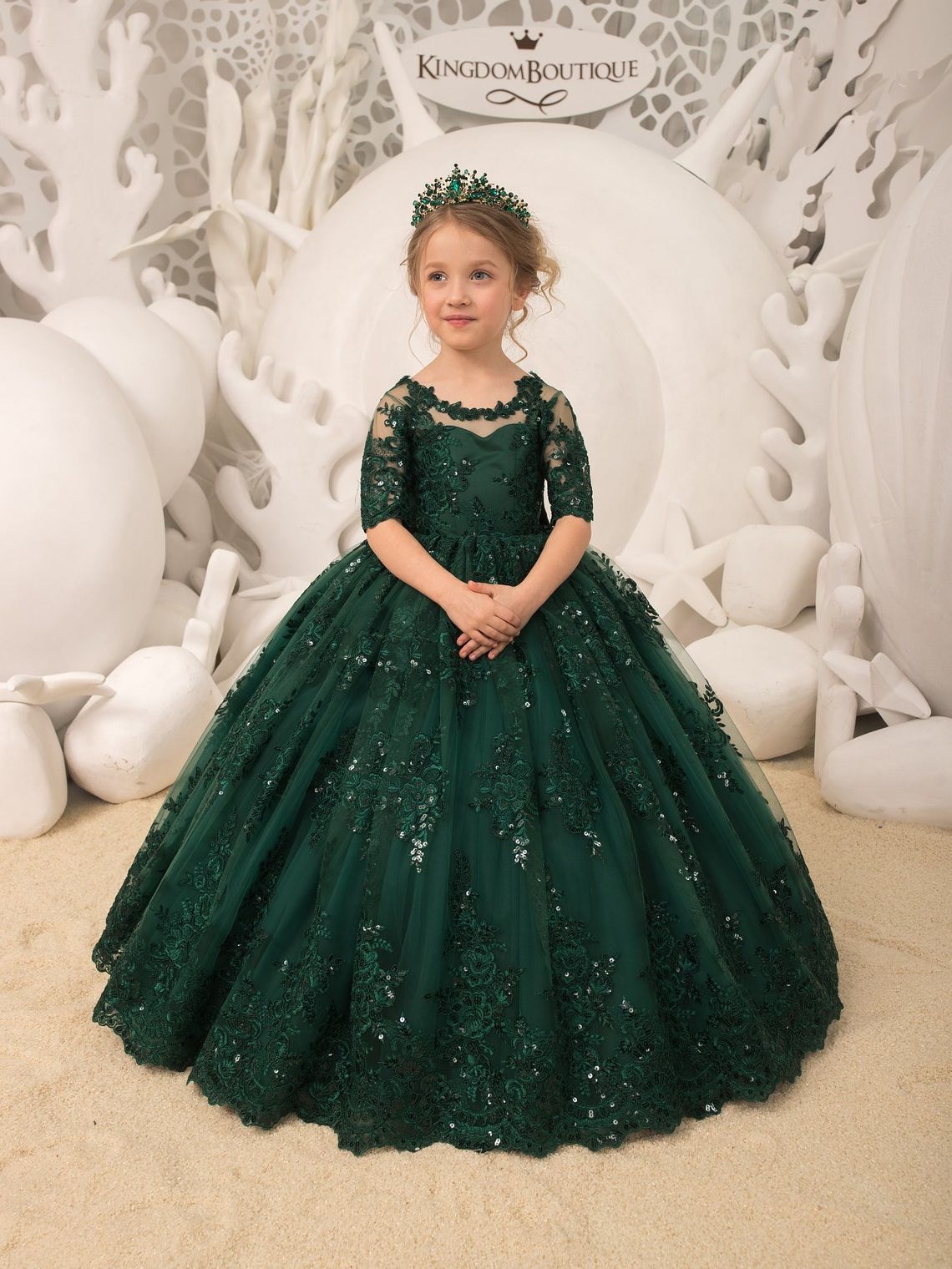 Emerald Green Lace Tulle Half Sleeve Flower Girl Dresses Appliues Back Big Bow Sequined Bown Gown Kids Party Dress