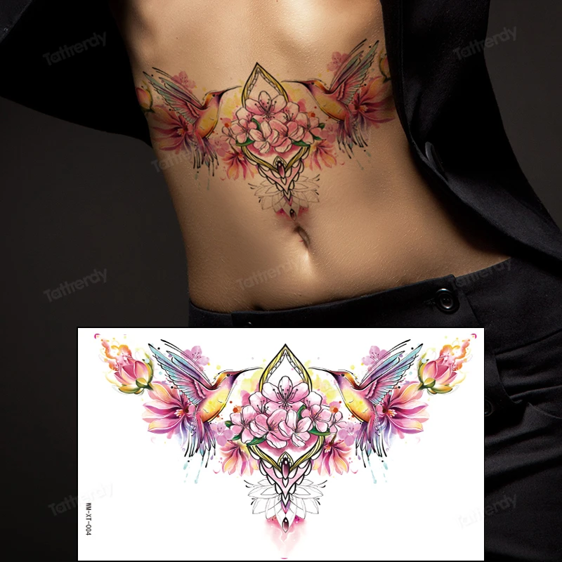 Flower Tattoo Sexy Sternum Fake Tattoos for Woman Chest Temporary Tattoos Waterproof Lasting Under Breast Plant Tattoo Stickers