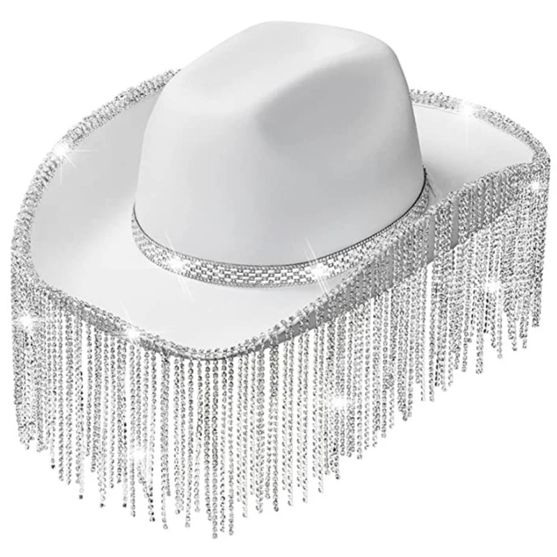 M2EA Rhinestones Cowgirl Hats Glitter Rave Cow Girl Hat with Rhinestones Fringe Adult Size Cowboy Hat for Party 3 Color