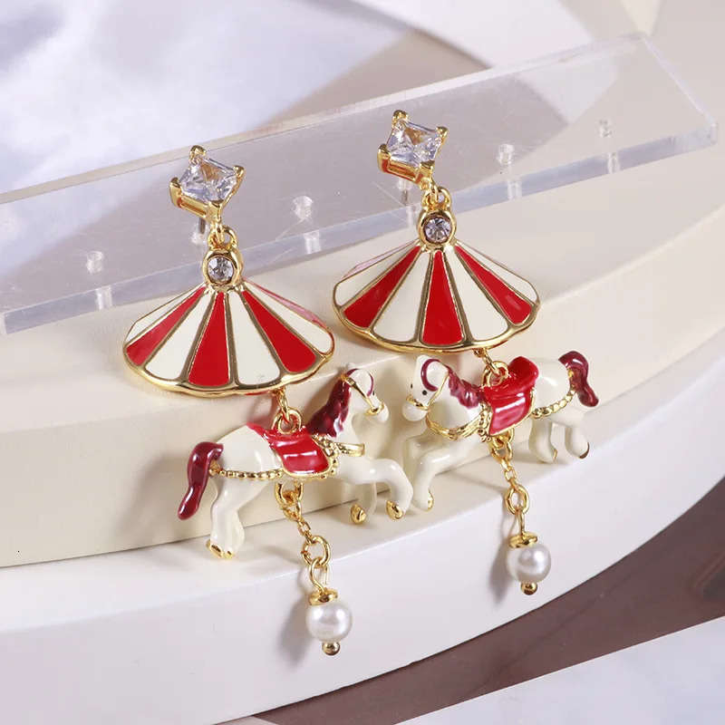 Trend Classic Hand drawn Enamel Carousel Pendant Earrings Christmas and Year Collection Fun Creative Charm Tassel Earrings 241031