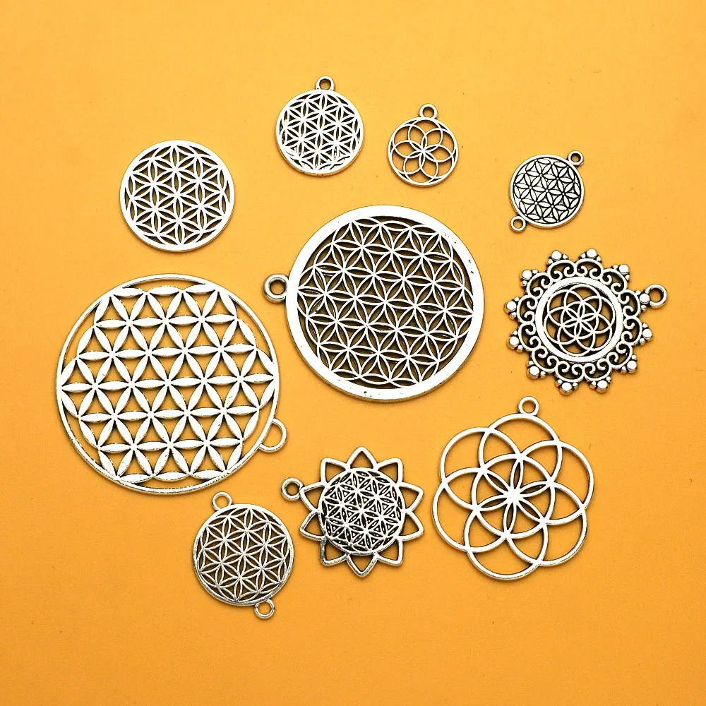 Antique Silver Plated Flower Of Life Charms Geometric Patterns Pendants For Diy Jewelry Making Findings Supplies Accessories