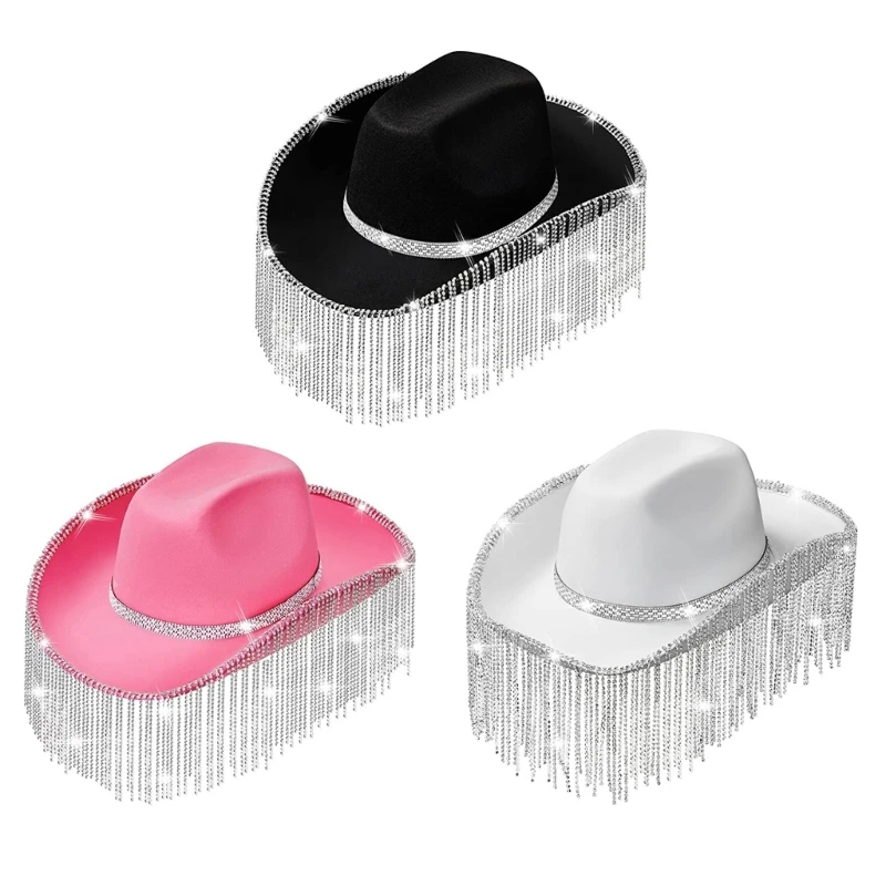 M2EA Rhinestones Cowgirl Hats Glitter Rave Cow Girl Hat with Rhinestones Fringe Adult Size Cowboy Hat for Party 3 Color