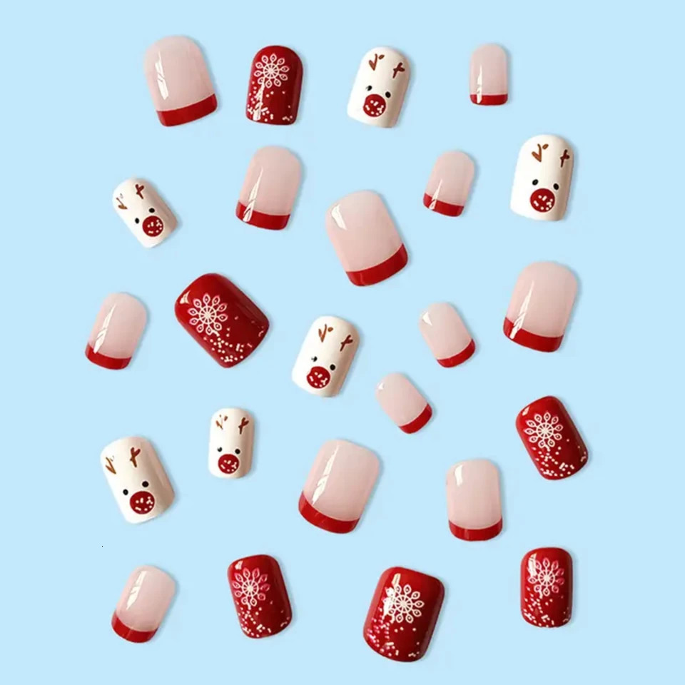 Christmas gel nail set with 24 cute snow deer false nails 241031