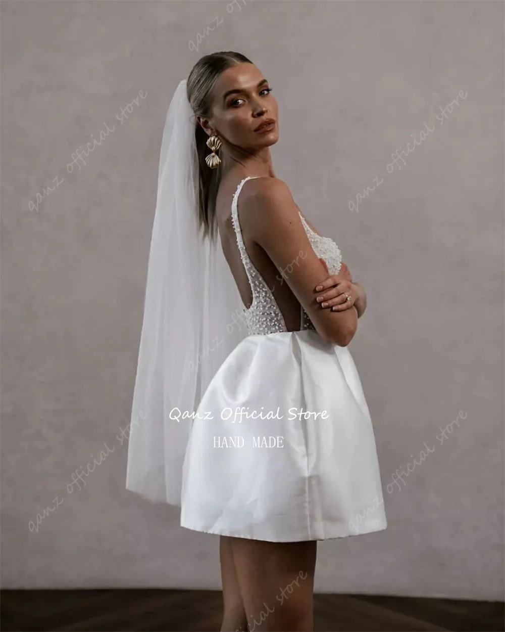 Qanz Pearls Satin Short Wedding Dresse new Spaghetti Straps Above Knee Length Bridal Gowns Robe De Mariage 2025 2024 Cooktail Party Dress
