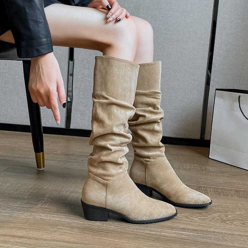 CMM Internal Height Increasing Pile Boots Long Leg Knight Boots New Autumn French Midsole Slim Western Cowboy Boots