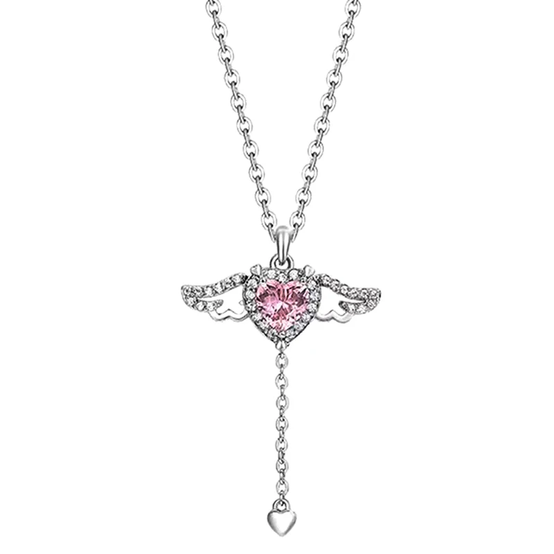Pink Crystal Angel Wings Heart Pendant Necklace For Woman Minimalist Jewelry Girl's Neck Chain