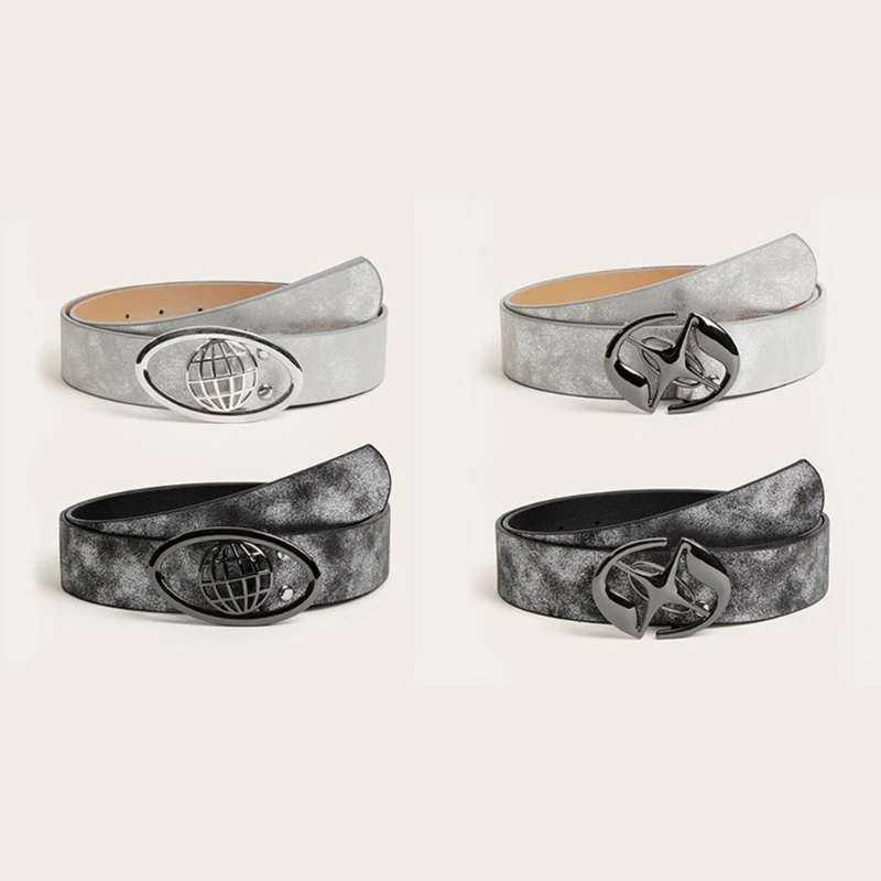 X6HE Jeans Waist Belts with Earth/Star Buckle Gray/Silver Adjustable Waist Belt Y2k Style Woman Dresses Skirt Coat Waistband