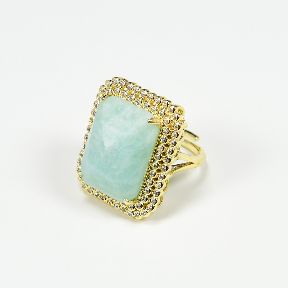 G-G Natural Amazonite Rectangle Cz Pave Ring Gold Plated Adjustable Ring