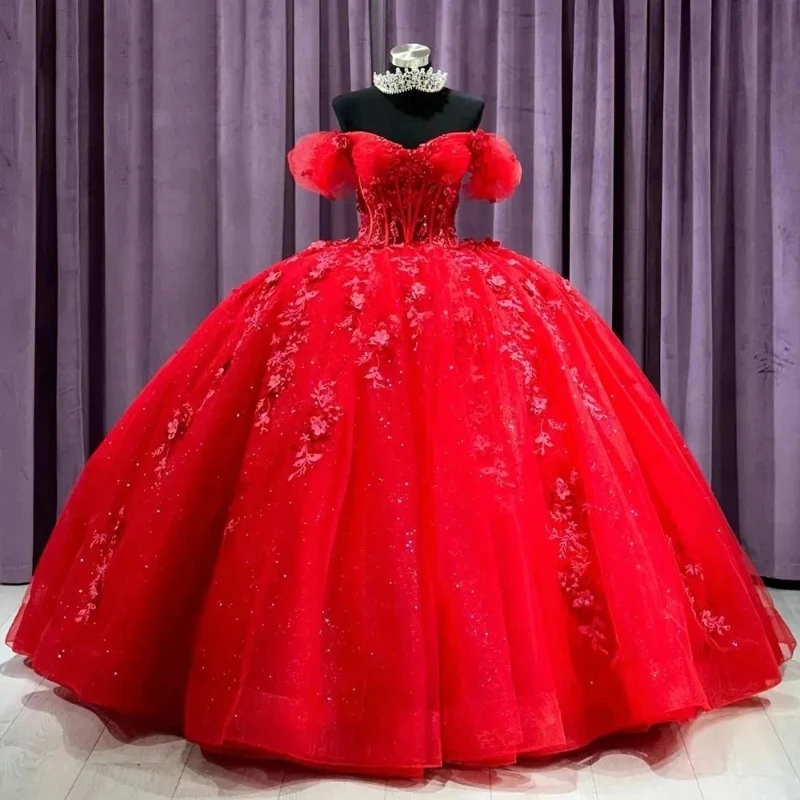 Red Shiny Ball Gown Quinceanera Dresses Off The Shoulder ral Appliques Lace Crystal Tull Corset Vestidos De 15 Anos Sweet 16 Dress