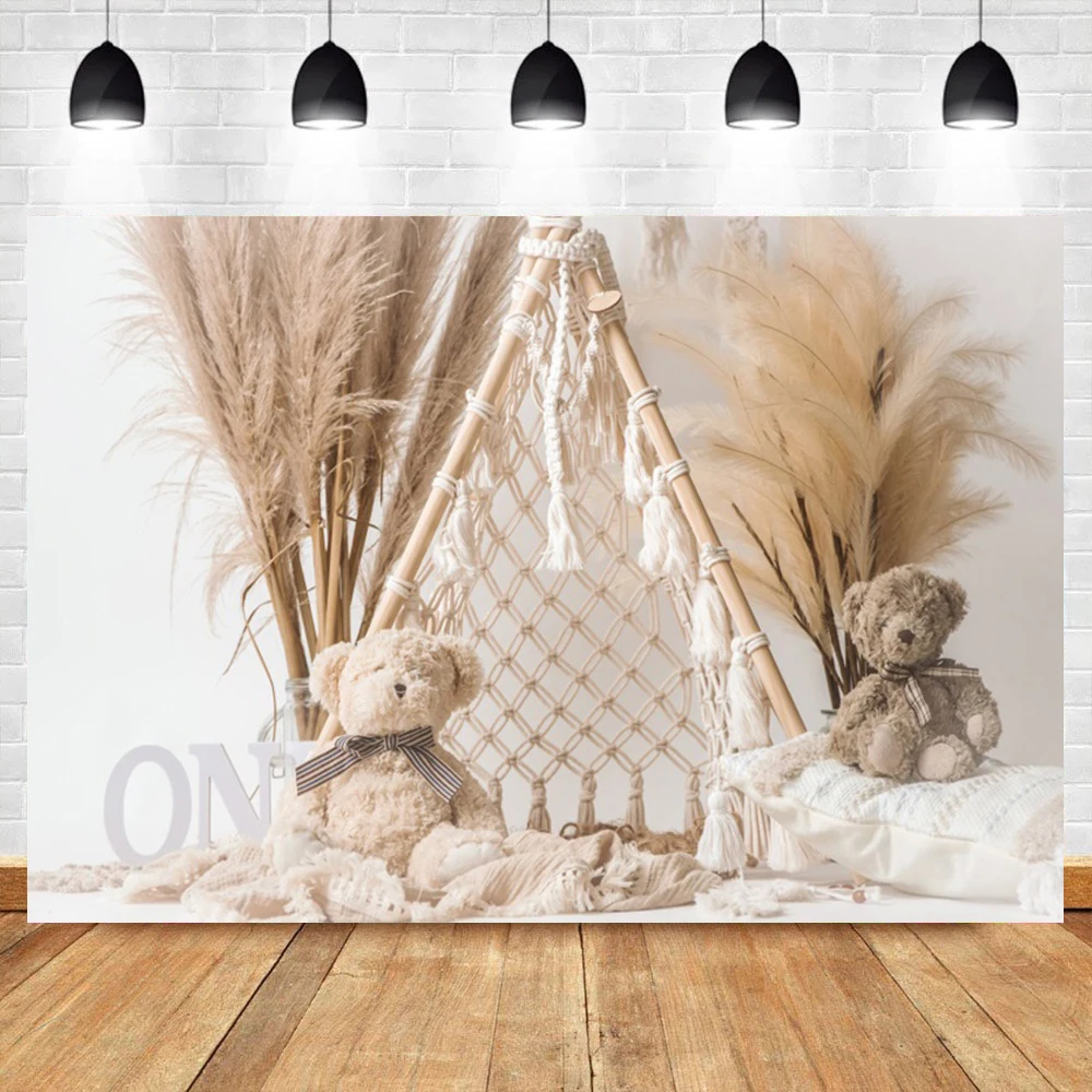One Year Old Baby Birthday Backdrop Toys Bear White Balloons Children Portrait Photography Background Kids Baby Shower Banner