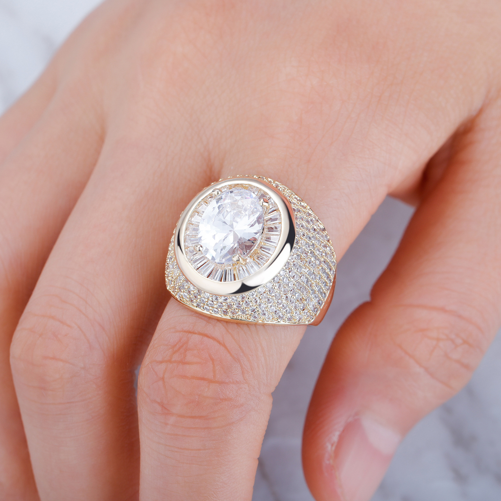 Hip Hop Cool Man Classic Rock Sugar Crystal Casting Ring 18K Real Gold Plated Jewelry