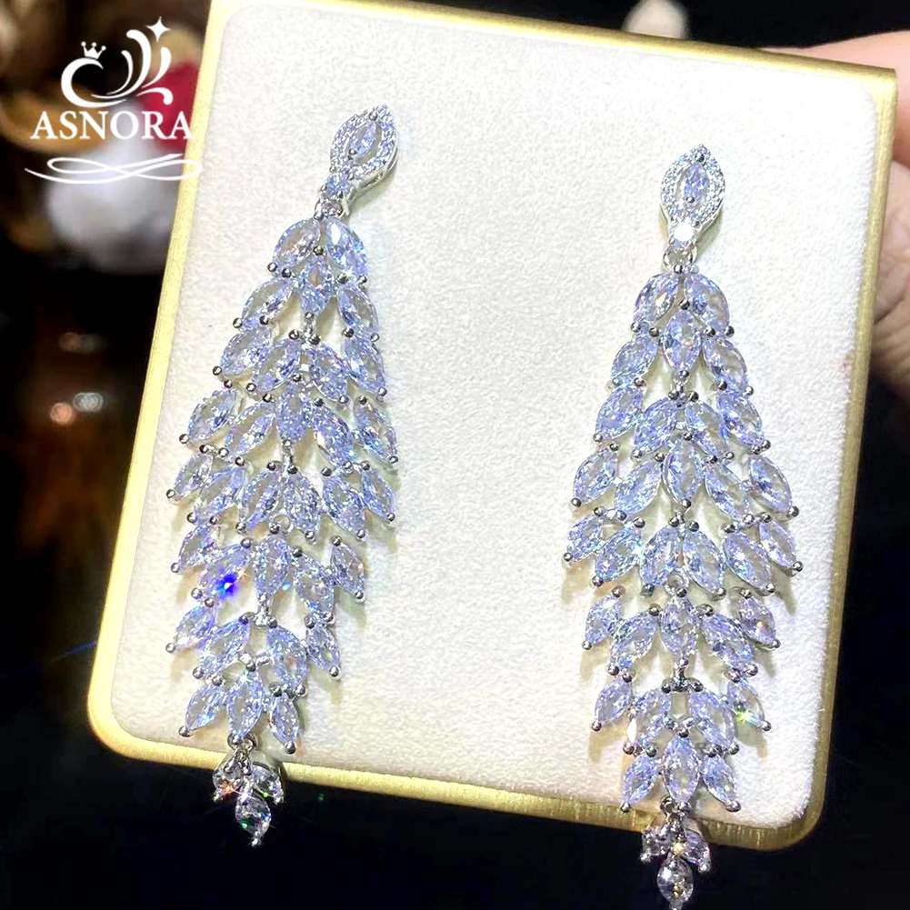 ASNORA - Long Cube Zirconia Crystal Earrings Suitable for Womens Wedding Party Jewelry CZ White E0078 241031