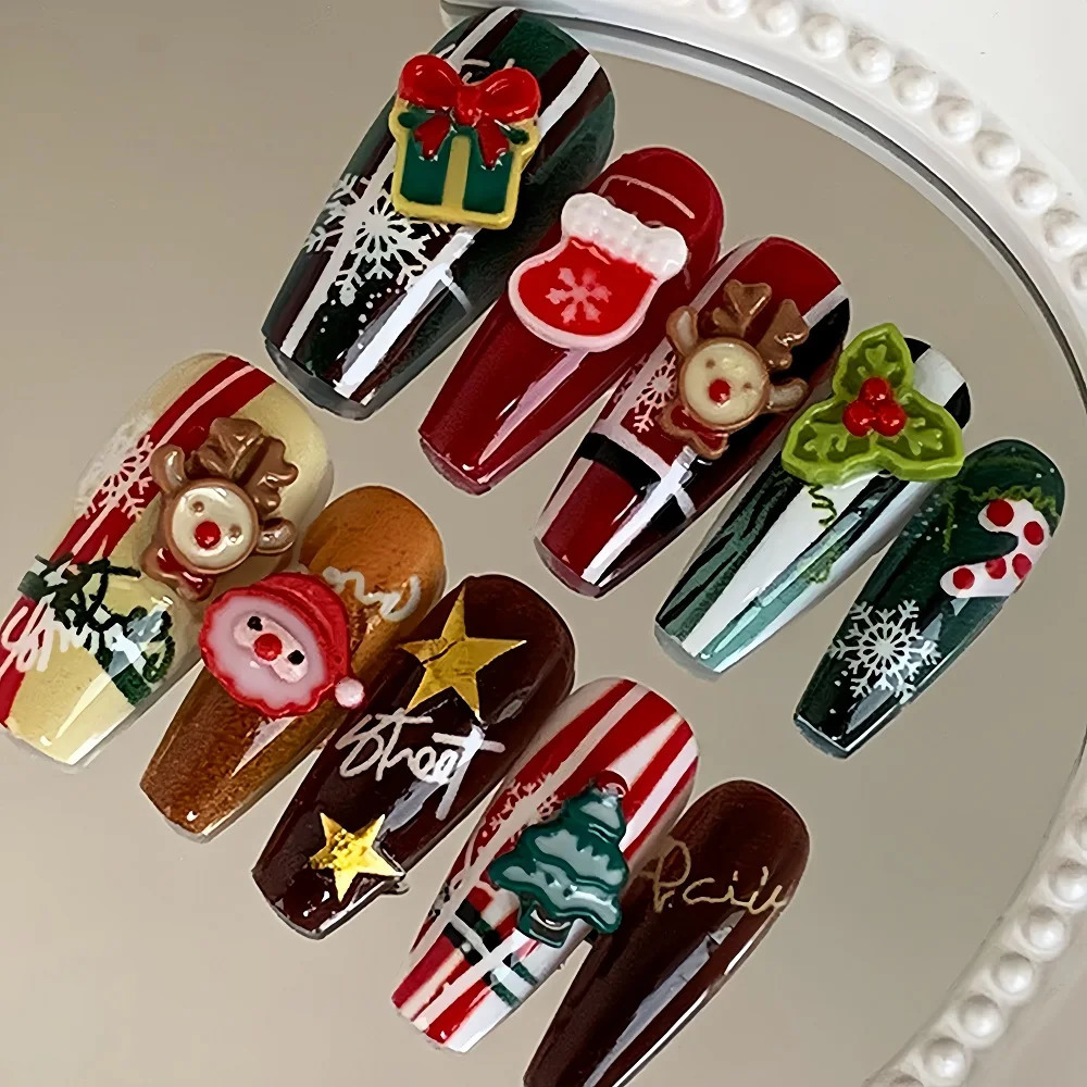 Christmas holiday nail press short square nail with holiday elements detachable Santa Claus and snowflake pattern control kit 241031