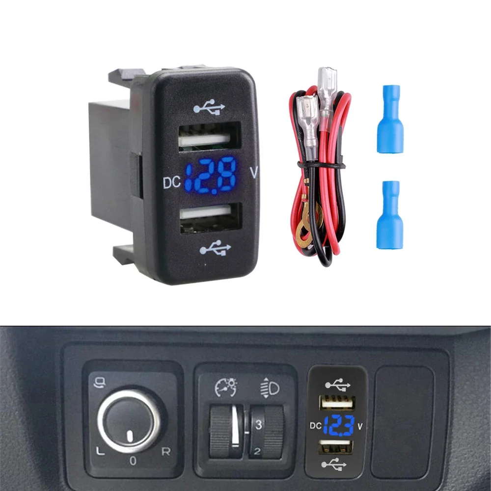 12V-24V Car Charger Socket Adapter Dual USB Ports Fast Charger Socket with Voltage Display for Toyota Auto Accessories 40X22mm