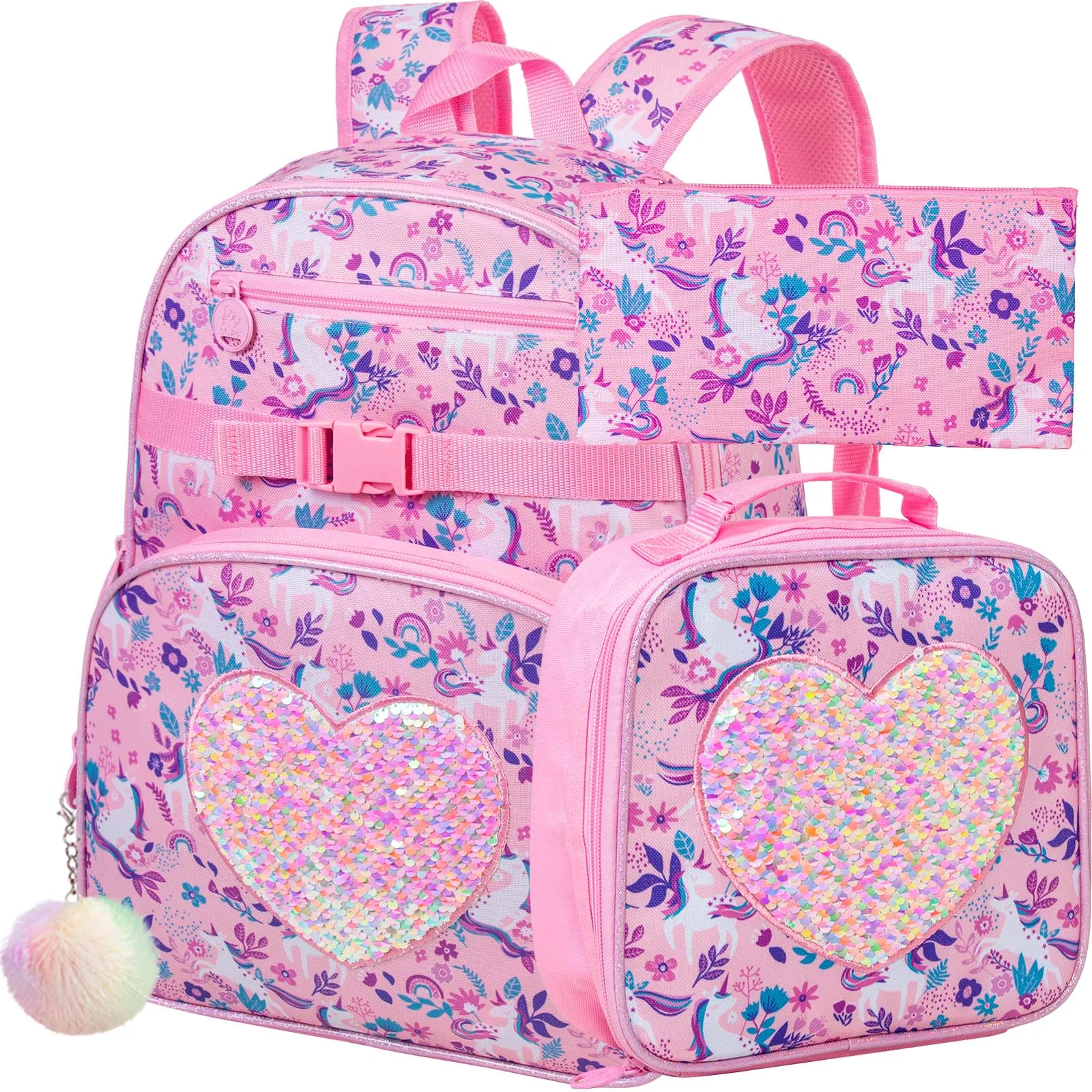 3PCS Unicorn Backpack for Girls, 16" Cute Sequins Kids Bookbag with Lunch Box, Elementary Preschool Kindergarten School Bag Set
