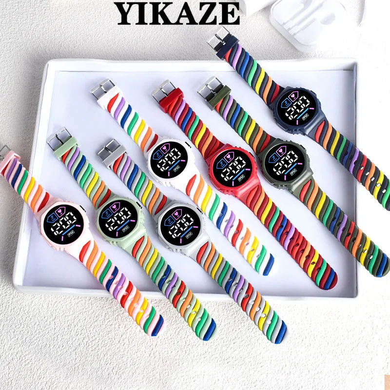 YIKAZE Child Kids Watch LED Electronic Watches for Boys Girls Rainbow Silicone Strap Waterproof Sports Mother Kids Digital Watch